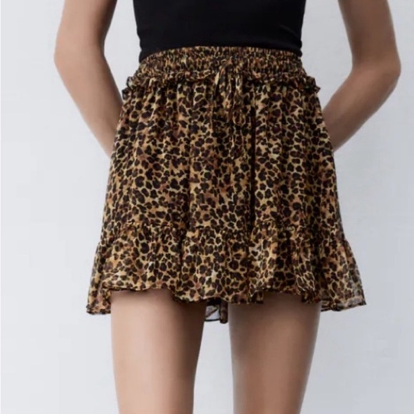 ZARA Leopard Animal Print Mini Skirt Drawstring Ruffle Size Small - Picture 3 of 7